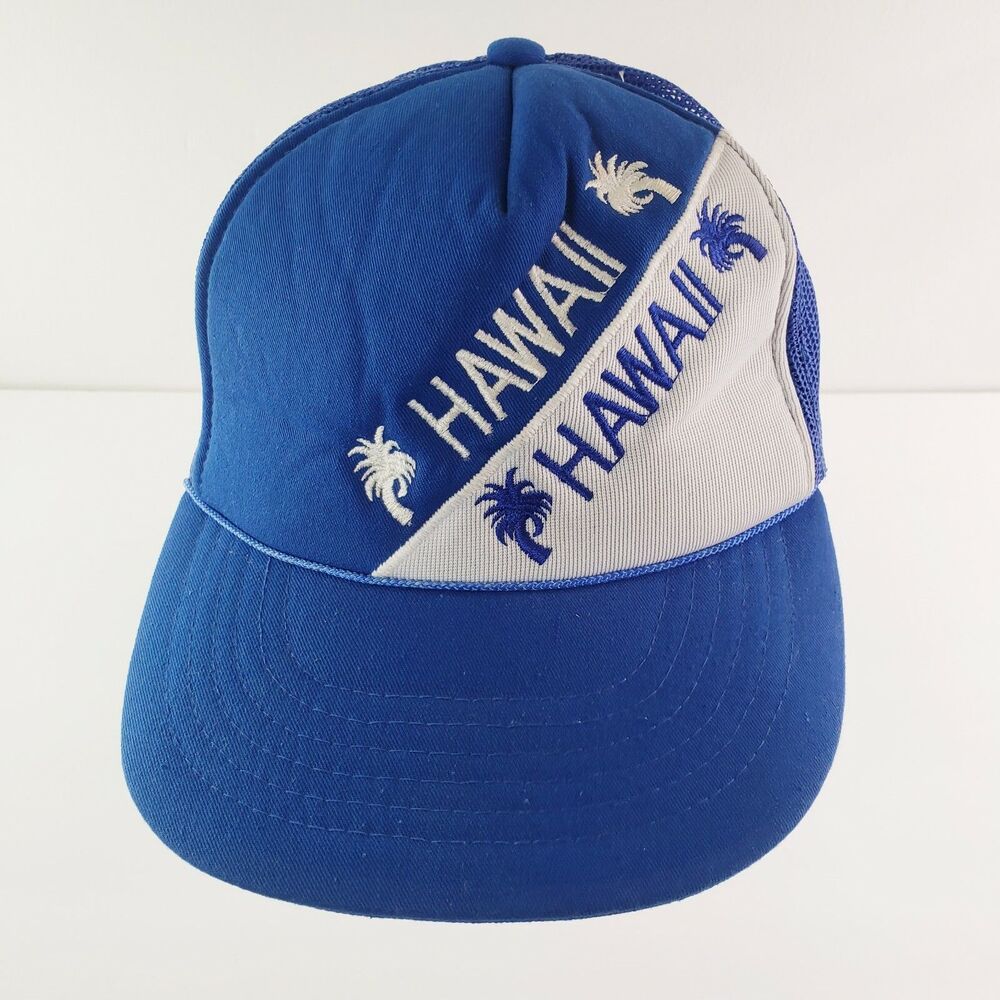 Hawaii Trucker Hat Blue White Palm Trees Embroidered Snap Back Mesh Ball Cap
